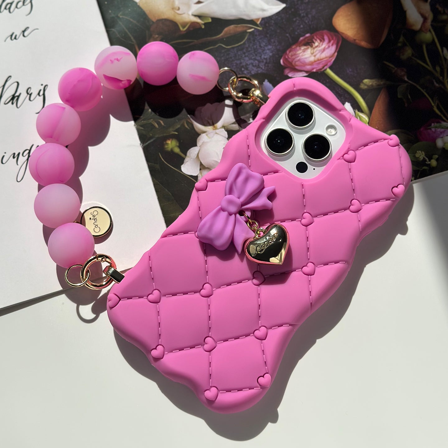 iPhone 16 Pro Max Melted Love Case with Beads Strap (Magenta)
