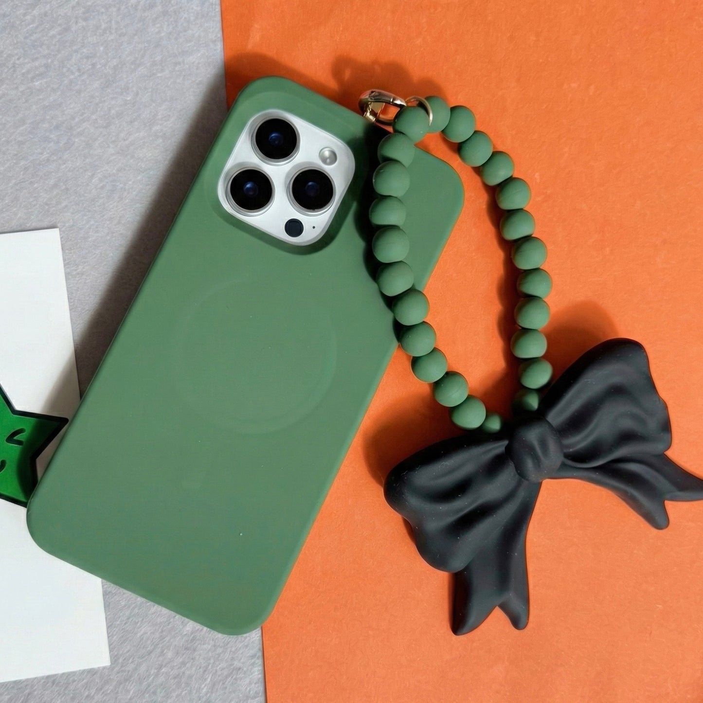 iPhone 16 Pro Max MagSafe Case with Beads and Bow Strap (Moss Green)