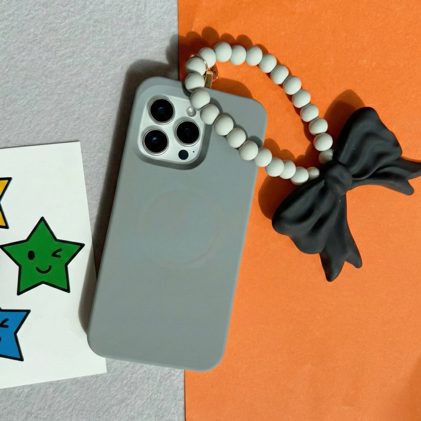 iPhone 16 Pro Max MagSafe Case with Beads and Bow Strap (Grey)