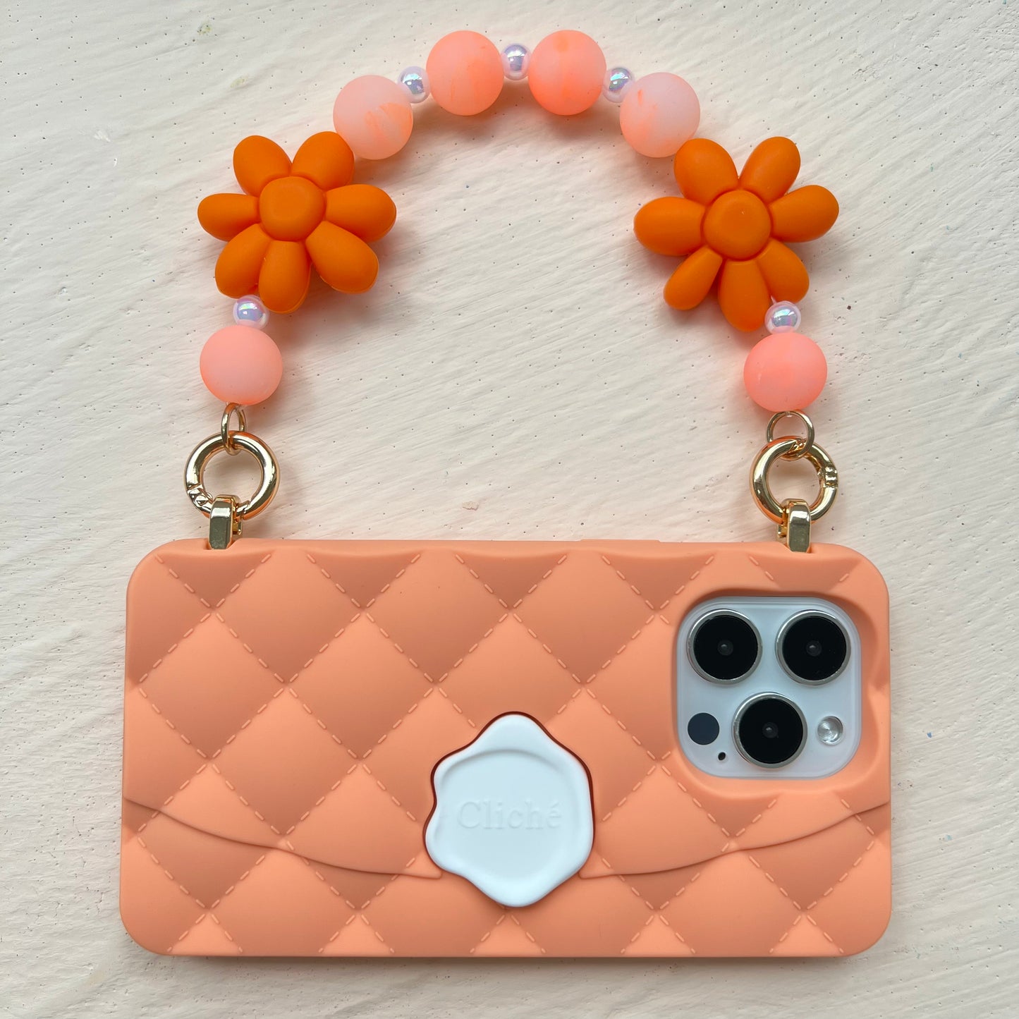 iPhone 14 Pro Max - Orange Seal Stamped Case with Flower and Beads Strap