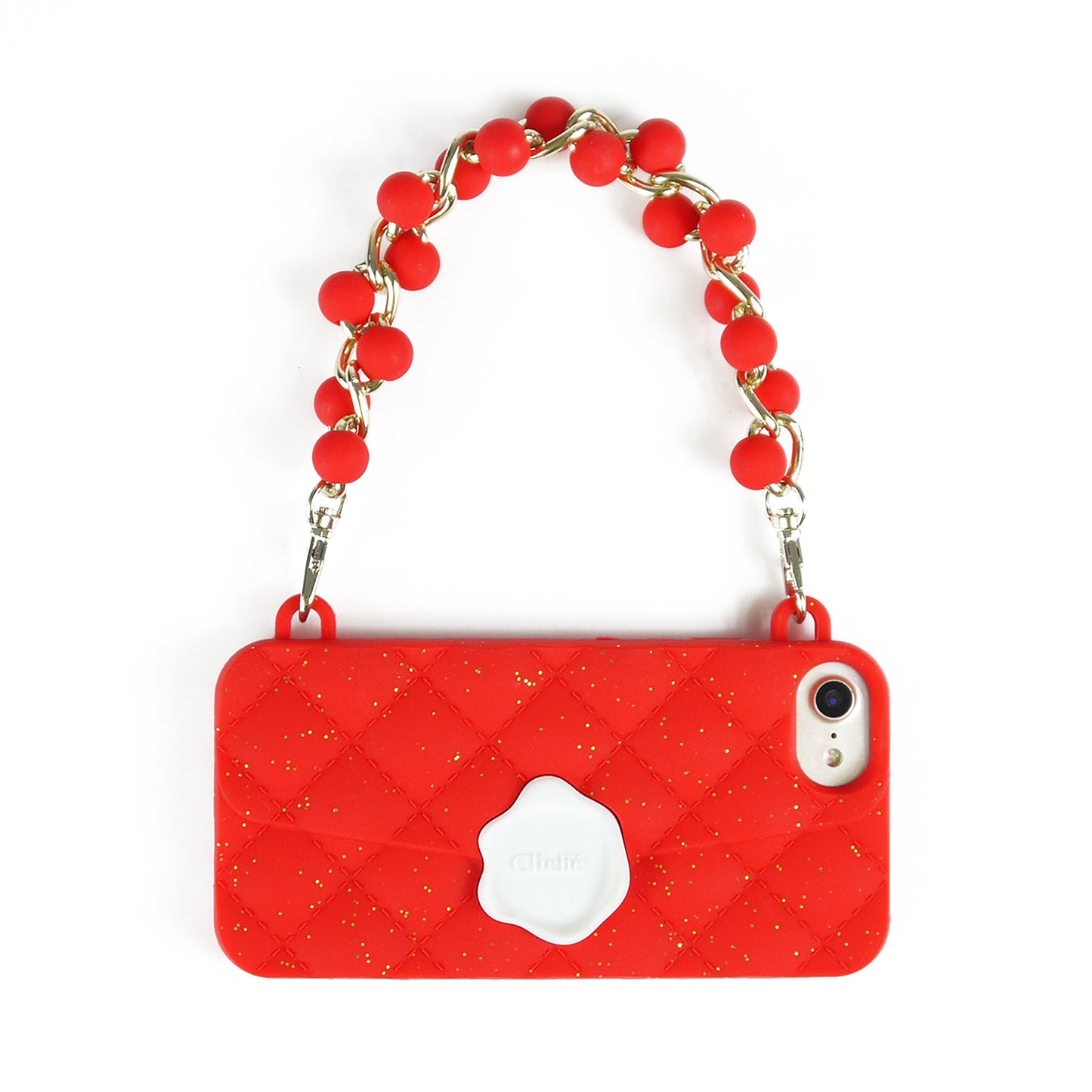 iPhone SE/7/8 Case -Seal Stamped Case with Beaded Strap (Red with Glitters)