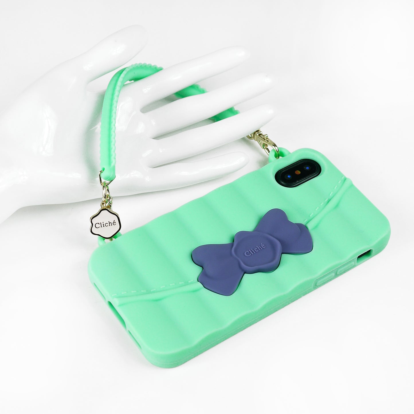 iPhone X/Xs Case - Matelasse (Green with Blue Ribbon)
