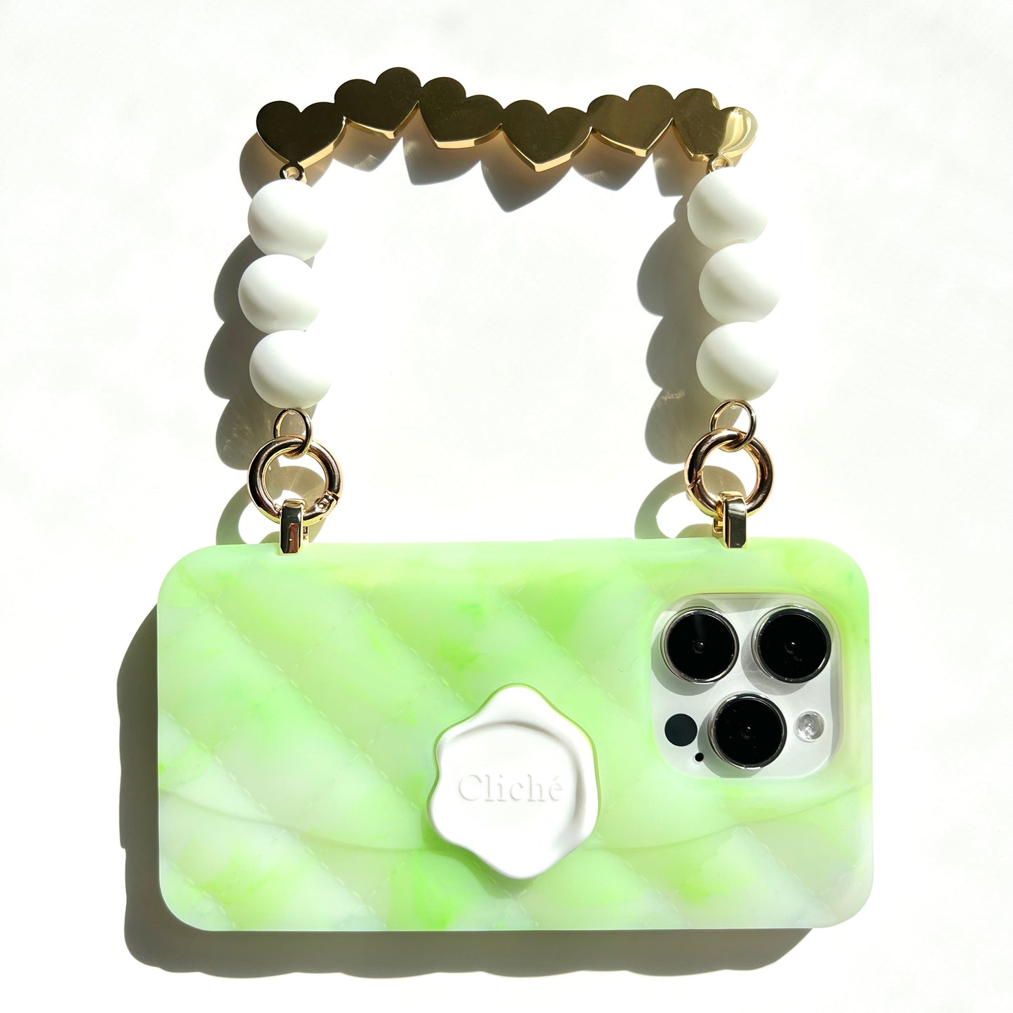 iPhone 14 Pro Seal Stamped Case with 'HEARTS' Charms Strap (Jelly Fluo Green)
