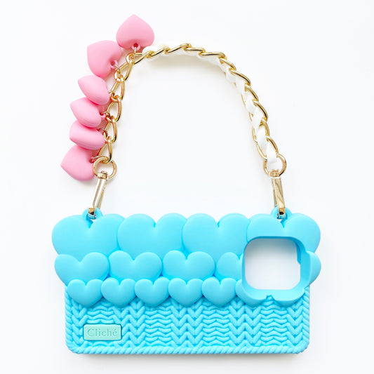 iPhone 12/12 Pro Knitted Hearts Case with Strap (Blue)