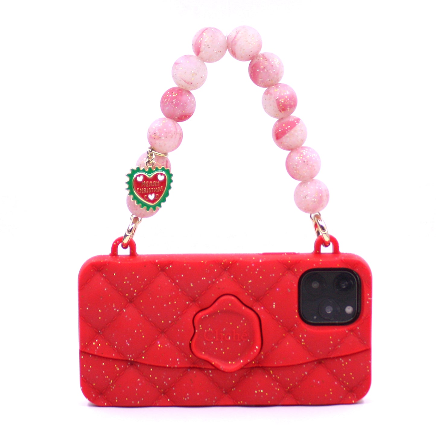 iPhone 11 Pro Red Festive Seal Stamped Case with Glitter Strap