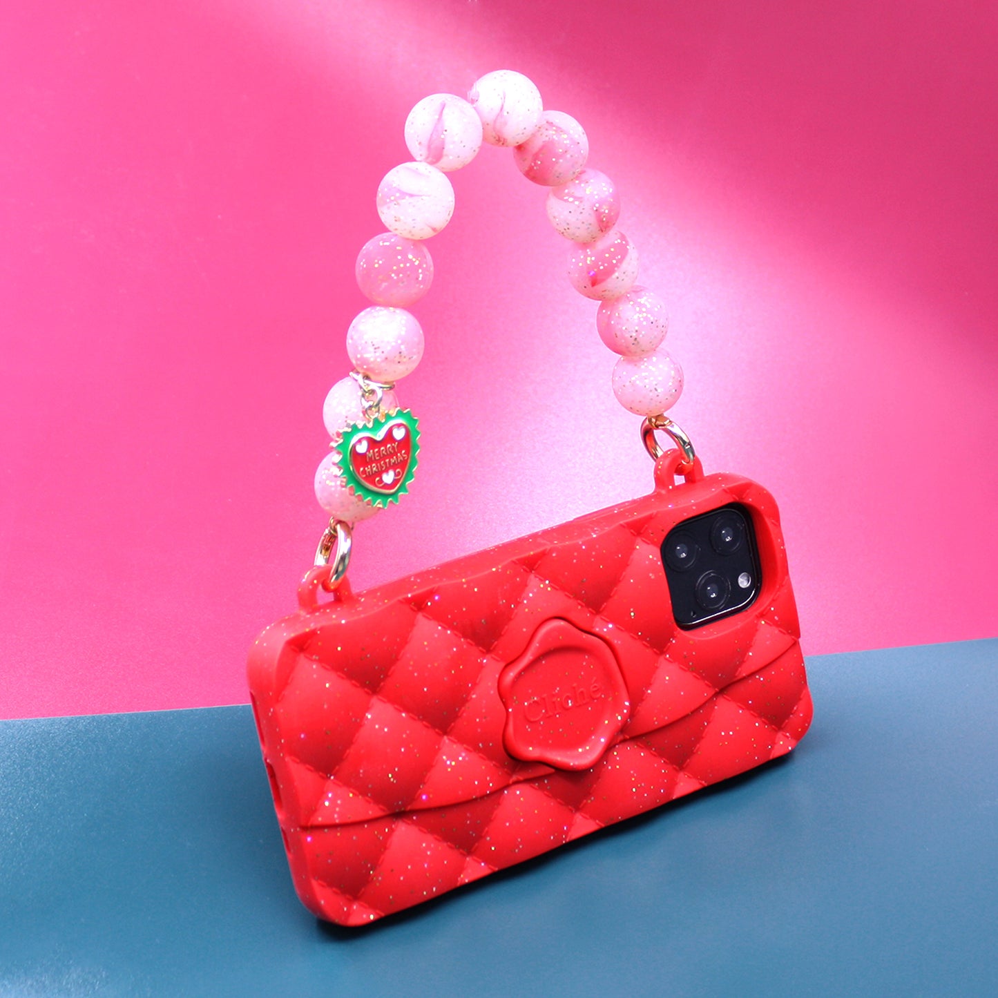 iPhone 11 Pro Red Festive Seal Stamped Case with Glitter Strap