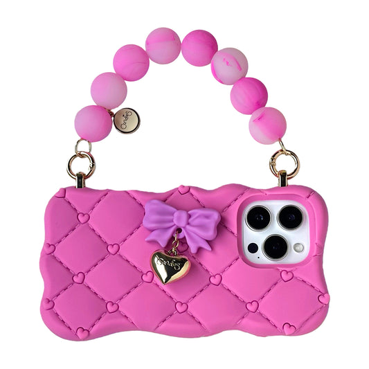 iPhone 16 Pro Max Melted Love Case with Beads Strap (Magenta)