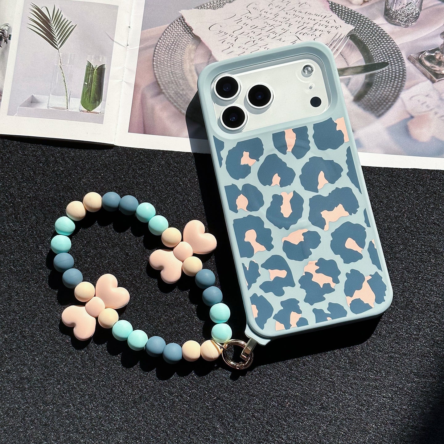 iPhone 17 Pro Max MagSafe Case - Leopard Print with Strap (Dusty Blue)