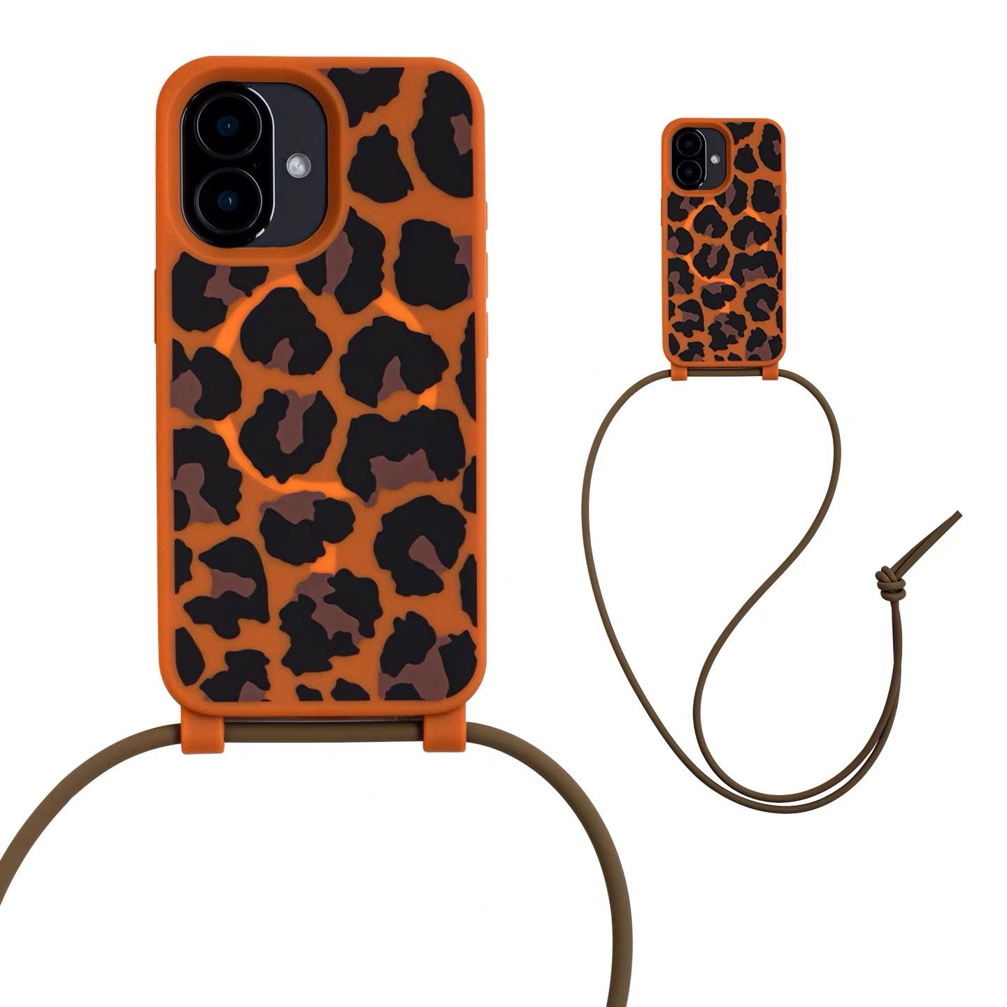 iPhone 17 MagSafe Case with Silicone Strap (Brown/Leopard)