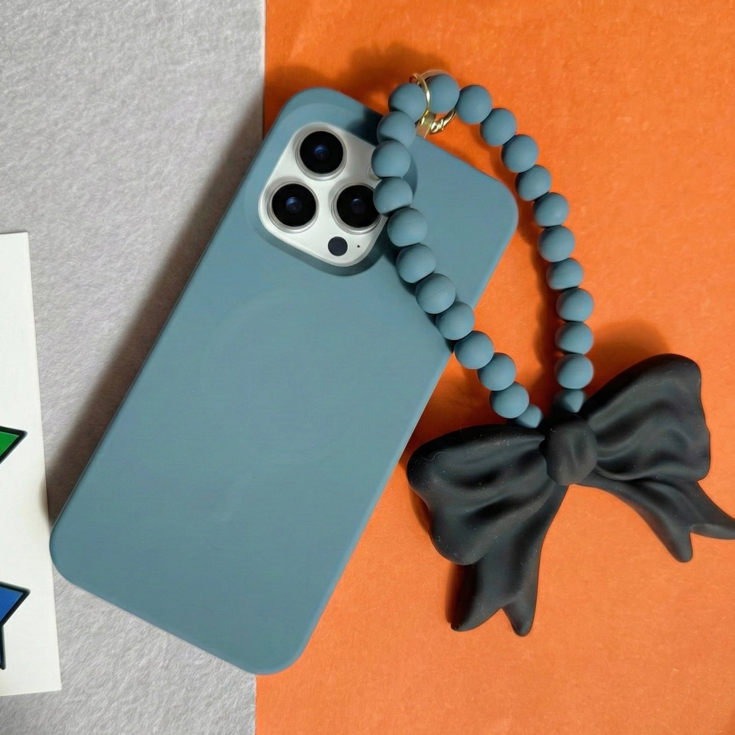 iPhone 16 Pro Max MagSafe Case with Beads and Bow Strap (Slate Blue)