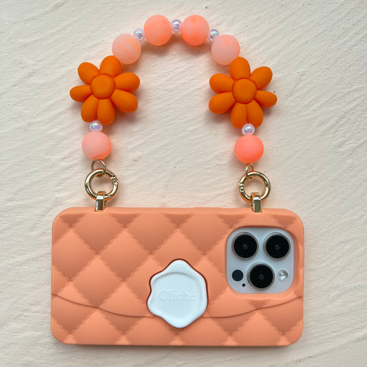 iPhone 14 Pro - Orange Seal Stamped Case with Flower and Beads Strap