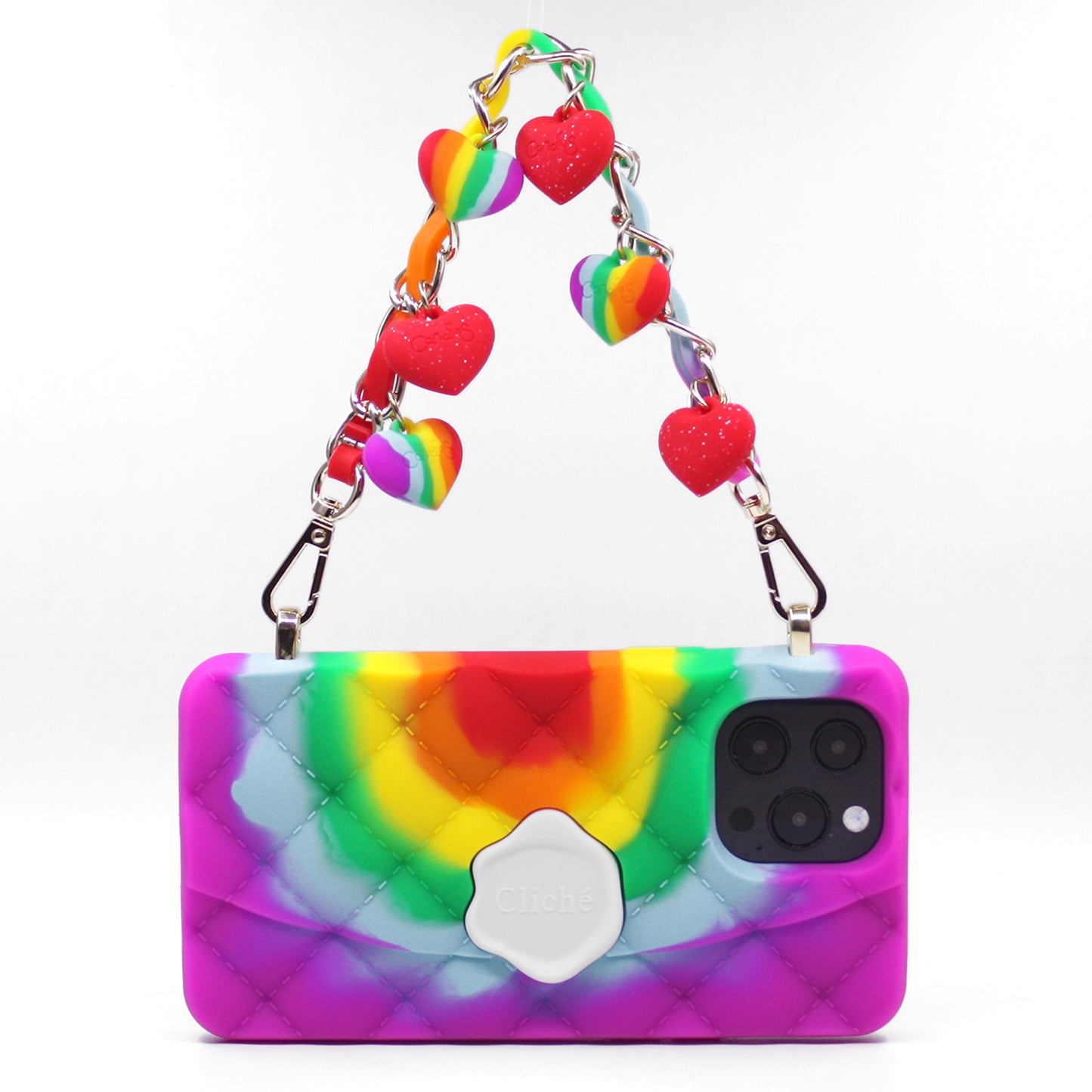iPhone 13 Pro Max Rainbow Seal Stamped Case with Rainbow Hearts Strap