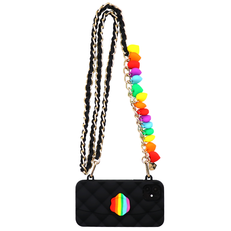 iPhone 11/11 Pro/11 Pro Max Rainbow and Black Seal Stamped Case with Long Hearts Strap