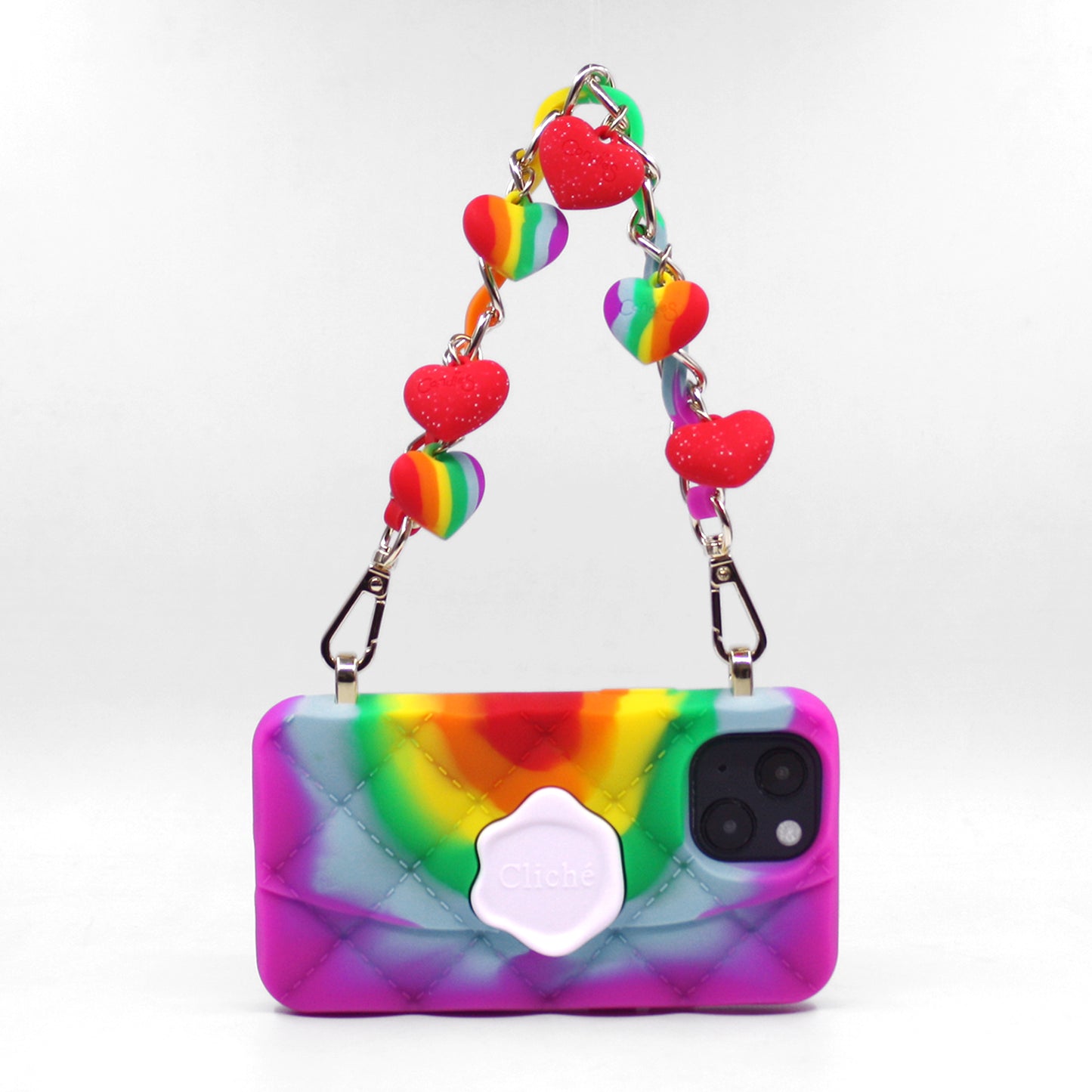 iPhone 13 Mini Rainbow Seal Stamped Case with Rainbow Hearts Strap