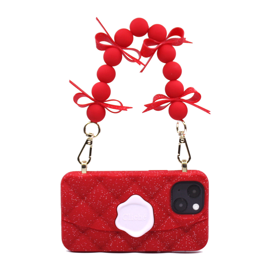 iPhone 13 Mini Bright Red Seal Stamped Case with Glitters and Ribbon Strap