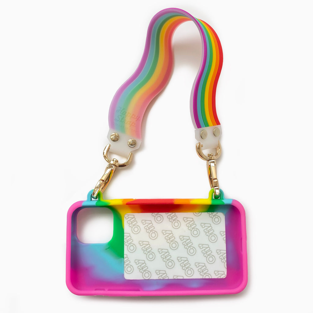 iPhone 11 Pro Love of Rainbow Seal Stamped Case with Rainbow Illusion Happy Strap