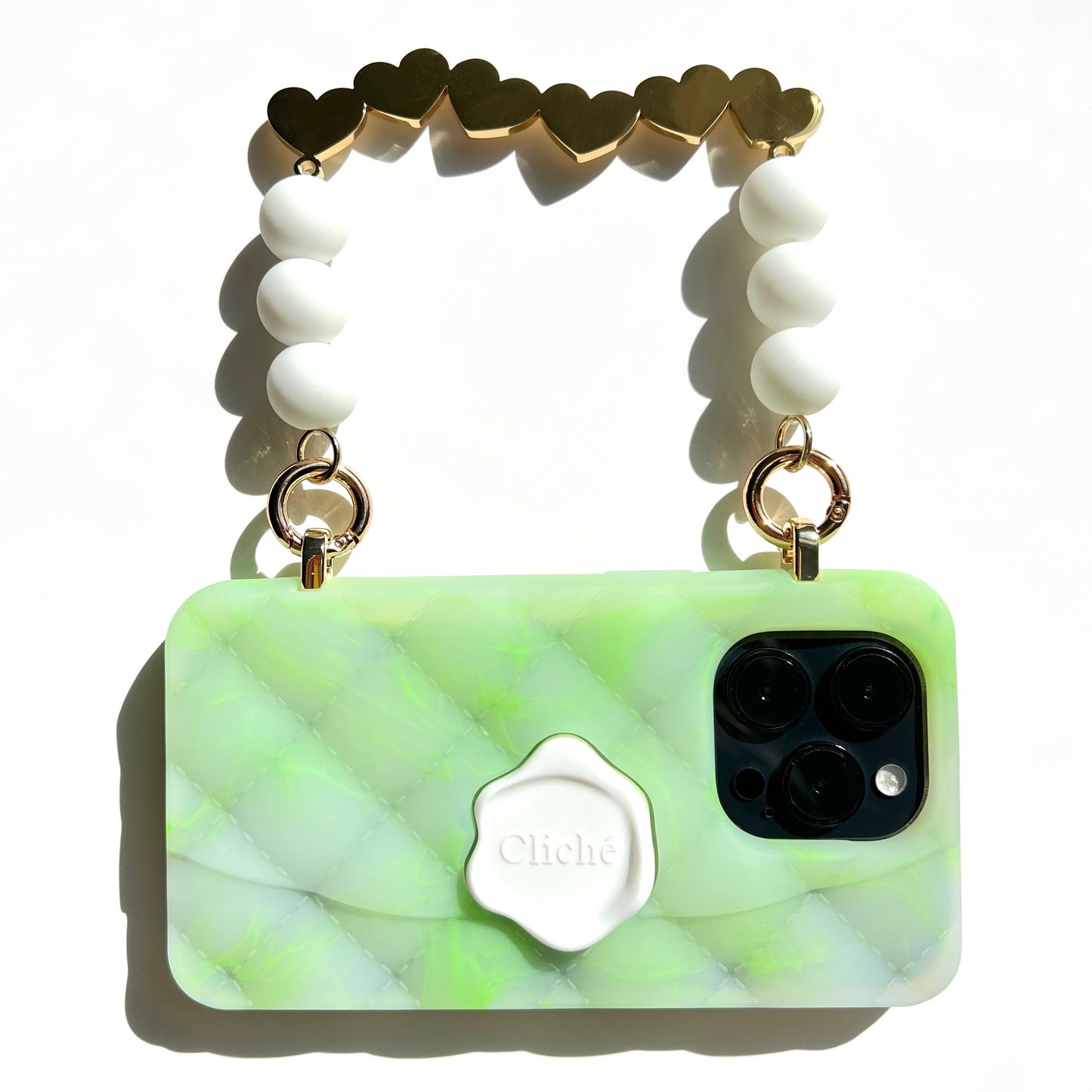 iPhone 14 Pro Seal Stamped Case with 'HEARTS' Charms Strap (Jelly Fluo Green)