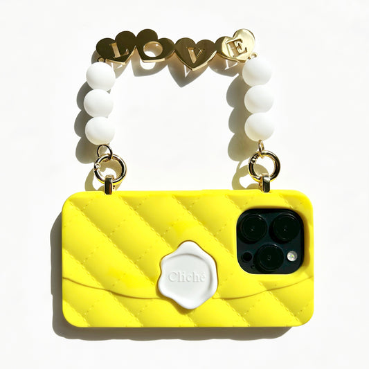 iPhone 14 Pro Seal Stamped Case with 'LOVE' Metal Charm Strap (Yellow)