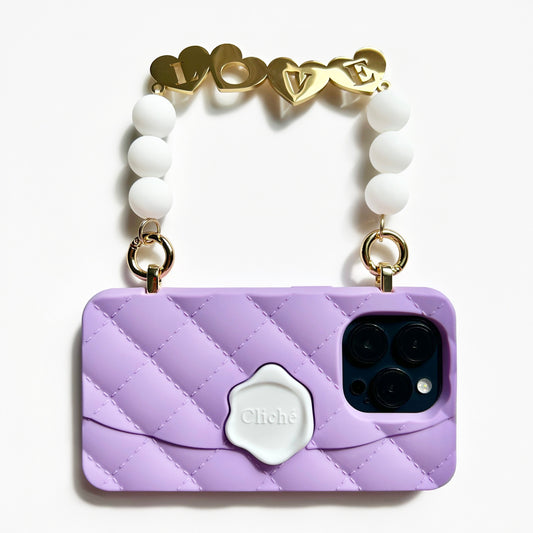 iPhone 14 Pro Seal Stamped Case with 'LOVE' Metal Charm Strap (Purple)