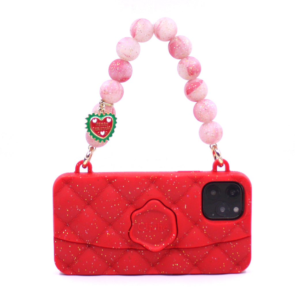 iPhone 11 Pro Red Festive Seal Stamped Case with Glitter Strap