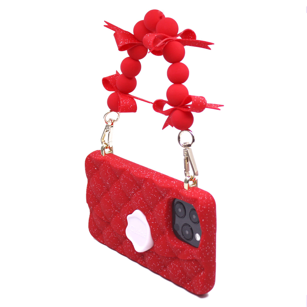 iPhone 13 Pro Max Bright Red Seal Stamped Case with Glitters and Ribbon Strap